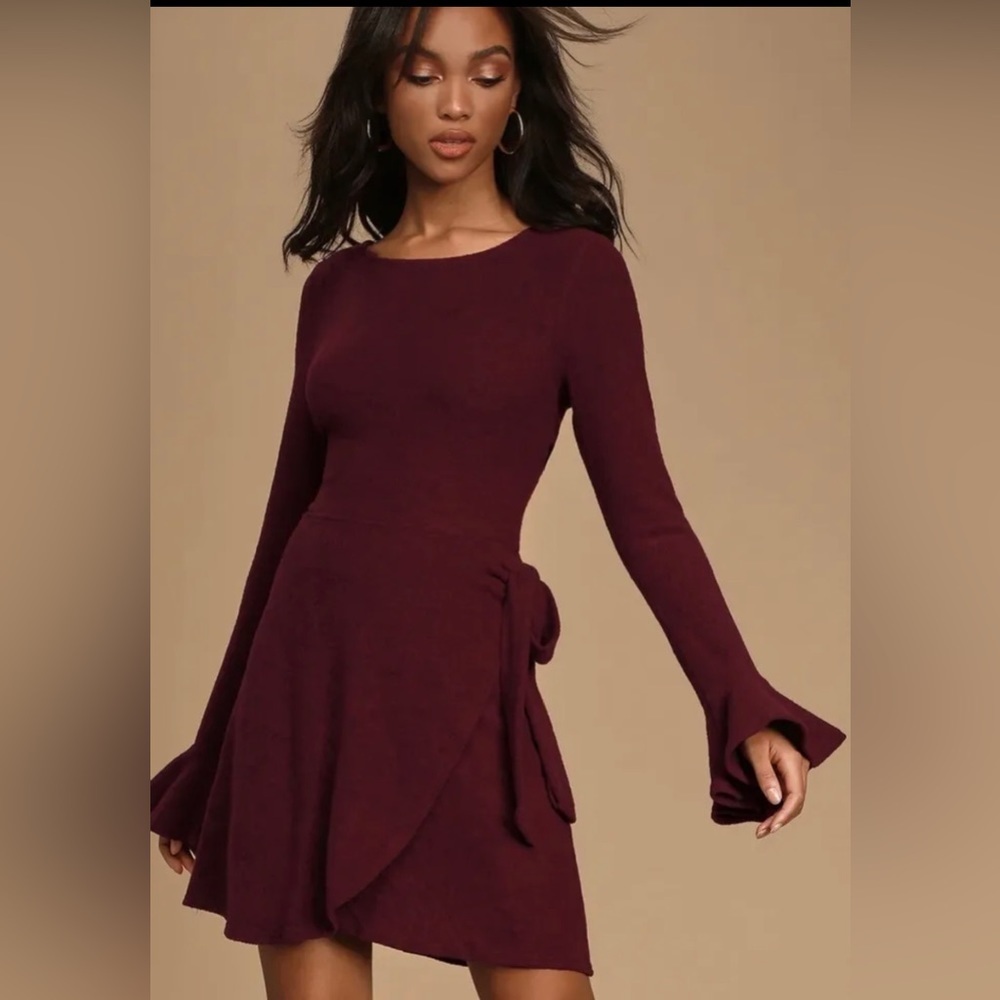 Lulus Exclusive Burgundy Faux Wrap Long Bell Sleeve Women Sweater Dress Sz XL